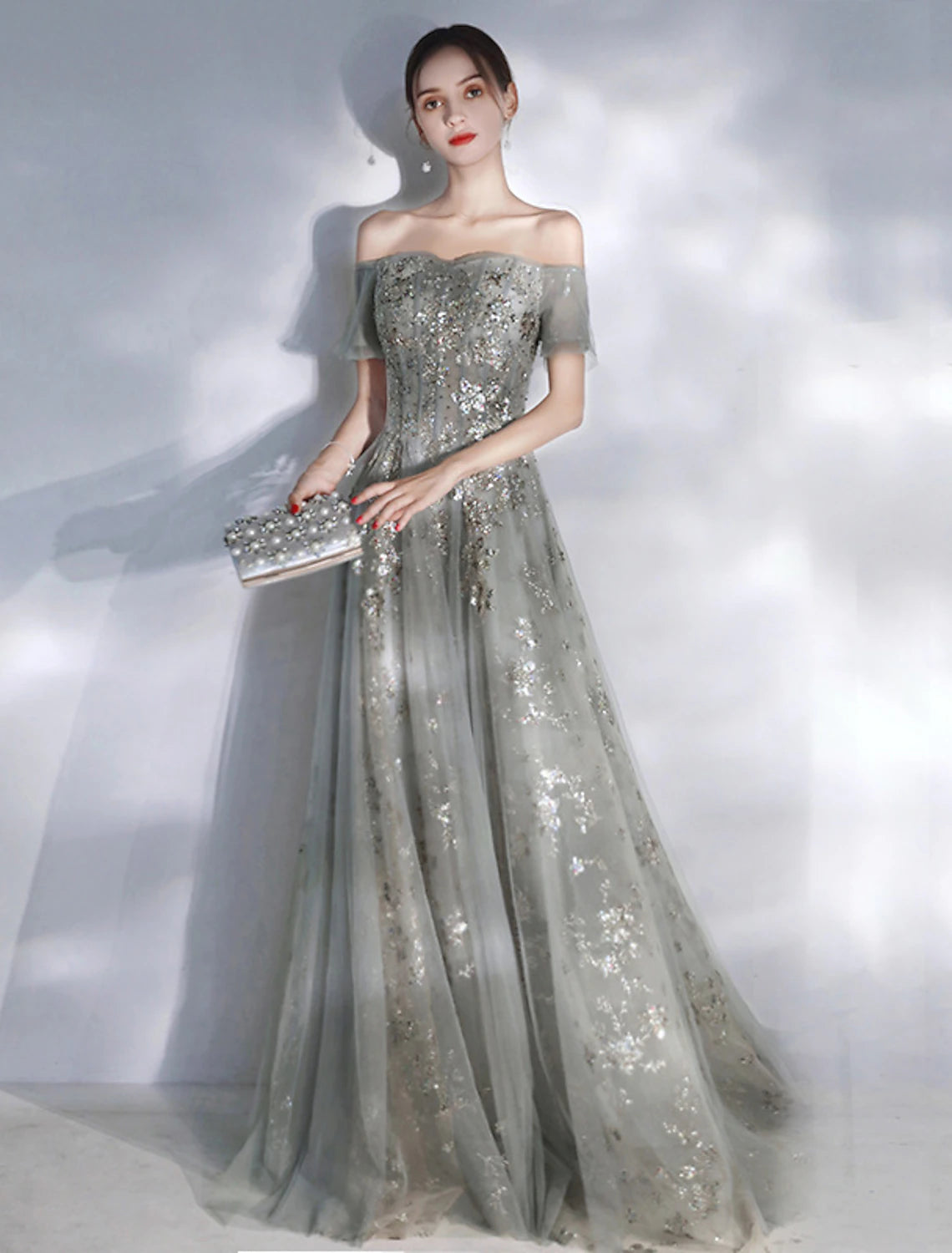 Wholesale A-Line Evening Gown Glittering Dress Engagement Formal Evening Floor Length Short Sleeve Off Shoulder Spandex with Sequin Appliques